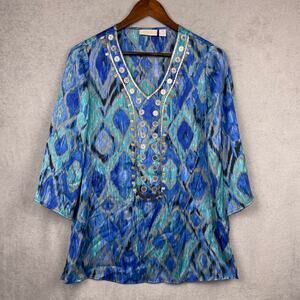 Chicos Womens Ikat Turquoise Tunic Top SZ 0 Artsy Southwestern Blue 3/4 Sleeve